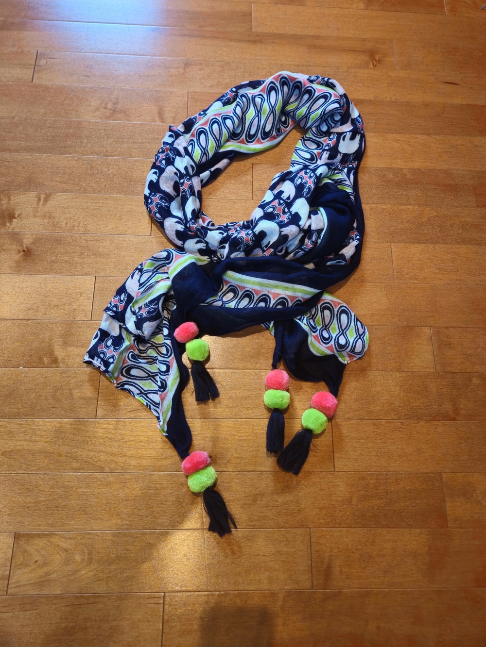 NWT Crown & Ivy Navy Scarf with Multicolor Border and PomPom Accents